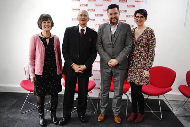 From left, Alison Williams, patient Ivor Godfrey-Davis, 73, from Andover with his blood stem cell donor, Mark Jones, 54, from Witham, Essex, and his partner Rachel Lee as they meet for the first time after the life-saving donation Picture: Victoria Jones/PA Wire