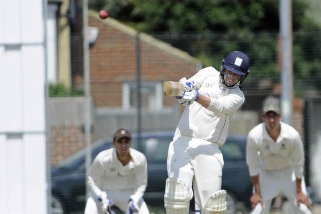 Portsmouth batsman Ben Duggan hits out against Burridge at St Helens. Picture: Ian Hargreaves