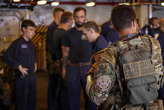 HMS Dauntless' embarked Law Enforcement Detachment team (LEDET) go to 'boarding stations' after finding a suspect vessel in the Caribbean Sea.