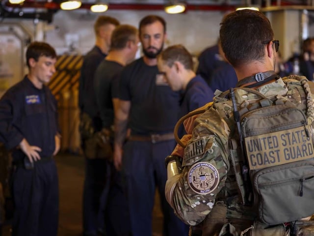 HMS Dauntless' embarked Law Enforcement Detachment team (LEDET) go to 'boarding stations' after finding a suspect vessel in the Caribbean Sea.