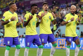 Vinicius Junior, second from left, celebrates with Raphinha, Lucas Paqueta and Neymar after scoring Brazil's first goal in their 4-1 win against South Korea    Picture: Michael Steele/Getty Images