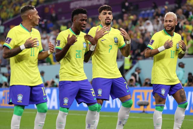 Vinicius Junior, second from left, celebrates with Raphinha, Lucas Paqueta and Neymar after scoring Brazil's first goal in their 4-1 win against South Korea Picture: Michael Steele/Getty Images
