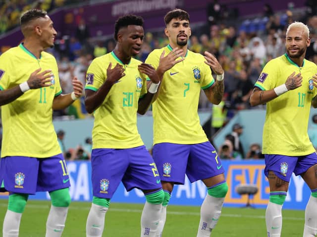 Vinicius Junior, second from left, celebrates with Raphinha, Lucas Paqueta and Neymar after scoring Brazil's first goal in their 4-1 win against South Korea    Picture: Michael Steele/Getty Images