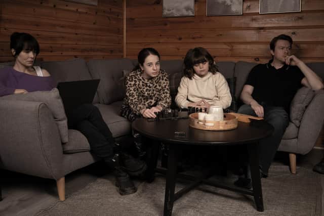 The Tindall family are among the holidayers from hell in the new Channel 4 drama Summerwater. From left, Justine (Valene Kane), Lola (Emily Briscoe), Jack (Bertie Wallwork), and Steve (Daniel Rigby) (Picture: Robert Wilson/Channel 4)