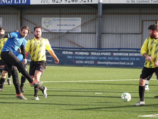 Eastney's Richard Duggan scores his side's first goal. Picture: Stuart Martin
