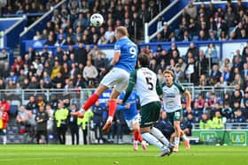 Colby Bishop (9) of Portsmouth battles for possession with Alfie Jones (5) of Middlesbrough during the EFL Sky Bet Championship match between Portsmouth and Middlesbrough at Fratton Park, Portsmouth, England on 4 October 2025.