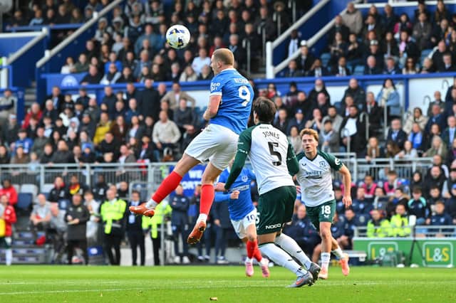 Colby Bishop (9) of Portsmouth battles for possession with Alfie Jones (5) of Middlesbrough during the EFL Sky Bet Championship match between Portsmouth and Middlesbrough at Fratton Park, Portsmouth, England on 4 October 2025.