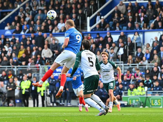 Colby Bishop (9) of Portsmouth battles for possession with Alfie Jones (5) of Middlesbrough during the EFL Sky Bet Championship match between Portsmouth and Middlesbrough at Fratton Park, Portsmouth, England on 4 October 2025.