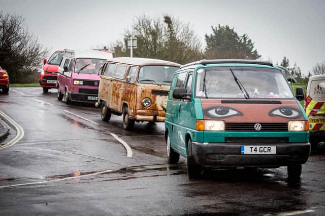 Dozens of campervans and VW  Beetles arrive at the crematorium. Picture: Habibur Rahman