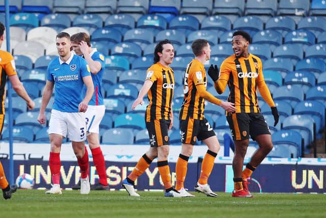 Hull celebrate their third goal against Pompey. Picture: Joe Pepler