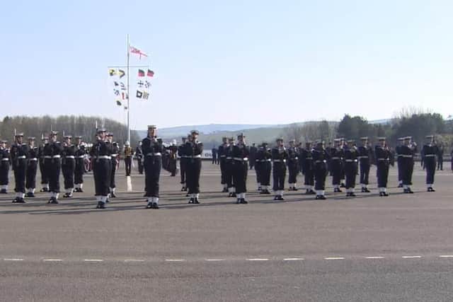 The 53 recruits pictured during their passing out parade at HMS Raleigh this week, which was conducted behind closed doors amid the coronavirus crisis. Photo: Royal Navy