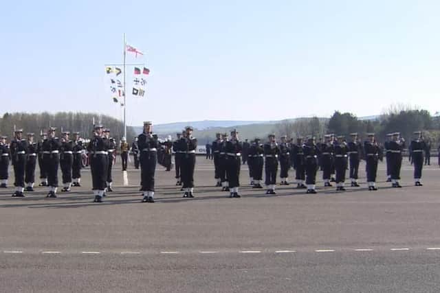 The 53 recruits pictured during their passing out parade at HMS Raleigh this week, which was conducted behind closed doors amid the coronavirus crisis. Photo: Royal Navy