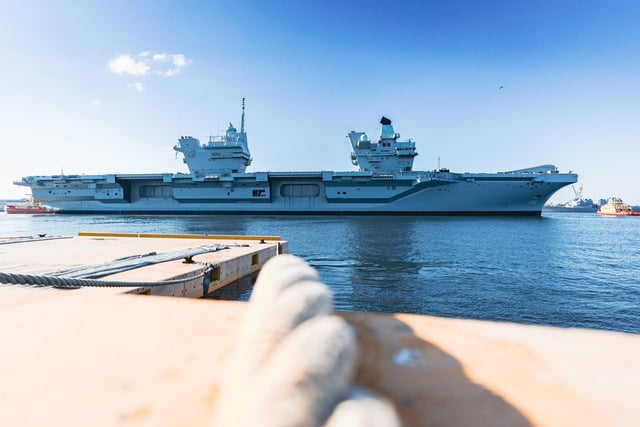 The HMS Prince of Wales (R09) pulling into Naval Station Mayport, Florida, for a scheduled port visit, Sep. 20, 2023.