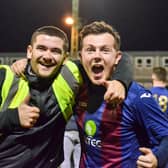 Callum Glenn, right, celebrates with Harry Bedford, after US Portsmouth's FA Vase third round win against Millbrook in December. The Vase is now set to restart in April. Pic: Daniel Haswell.