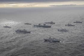 The full UK carrier strike group assembled for the first time during an exercise on October 4. Aircraft carrier HMS Queen Elizabeth leads a flotilla of destroyers and frigates from the UK, US and the Netherlands, together with two Royal Fleet Auxiliaries. It is the most powerful task force assembled by any European navy in almost 20 years. Photo: Royal Navy