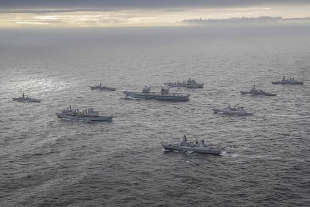 The full UK carrier strike group assembled for the first time during an exercise on October 4. Aircraft carrier HMS Queen Elizabeth leads a flotilla of destroyers and frigates from the UK, US and the Netherlands, together with two Royal Fleet Auxiliaries. It is the most powerful task force assembled by any European navy in almost 20 years. Photo: Royal Navy
