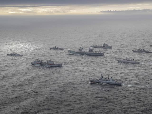 The full UK carrier strike group assembled for the first time during an exercise on October 4. Aircraft carrier HMS Queen Elizabeth leads a flotilla of destroyers and frigates from the UK, US and the Netherlands, together with two Royal Fleet Auxiliaries. It is the most powerful task force assembled by any European navy in almost 20 years. Photo: Royal Navy