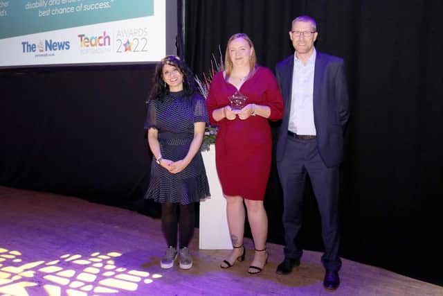 Teach Portsmouth Awards 2022 at Portsmouth Guildhall on Thursday 9 June. School and college staff from across the city took centre stage at the awards with winners in 9 award categories. Comedian and broadcaster, Shaparak Khorsandi hosted the ceremony. Pictured is: Winner 1 - People's choice award - Rebekah Egerton - Beacon View Academy - Sponsor - Mark Waldron, editor of The News.Picture: Portsmouth City Council