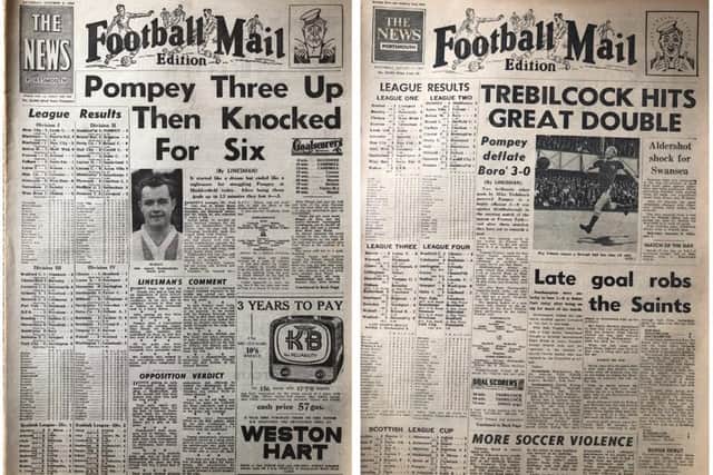 Left - Huddersfield 6 Pompey 3, Division 2, October 1959 - after Pompey had led 3-0. Right - Pompey 3 Middlesbrough 0, Division 2, August 1968