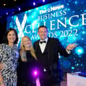 The News Business Excellence Awards 2022. Pictured is: (l-r) awards host Anjana Gadgil, sponsor Jo Sawford, business director at Solent LEP with Overall Business of the Year winner Daryn Brewer from Pro Pods. Picture: Sarah Standing