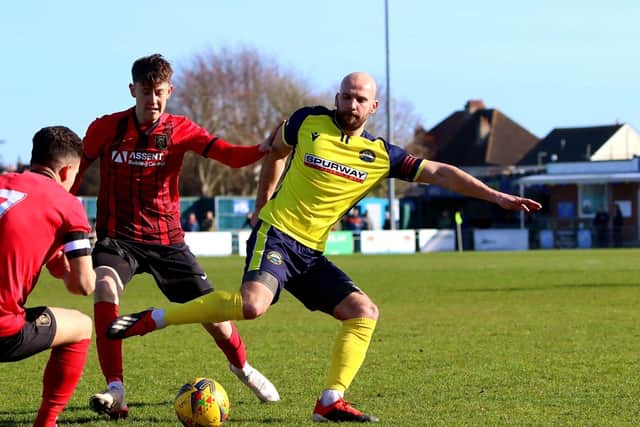 Midfielder Mike Carter battles to retain possession for Gosport Borough Picture: Dave Haines