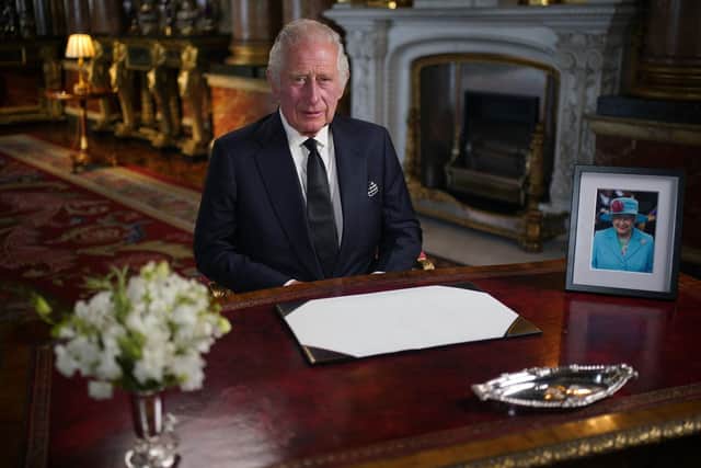 King Charles III makes a televised address to the Nation and the Commonwealth from the Blue Drawing Room at Buckingham Palace in London on September 9, 2022. Photo by Yui Mok / POOL / AFP) (Photo by YUI MOK/POOL/AFP via Getty Images.