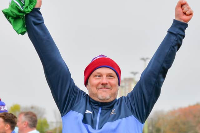 Glenn Turnbull celebrates US Portsmouth's FA Vase quarter-final win against Flackwell Heath. Picture: Martyn White