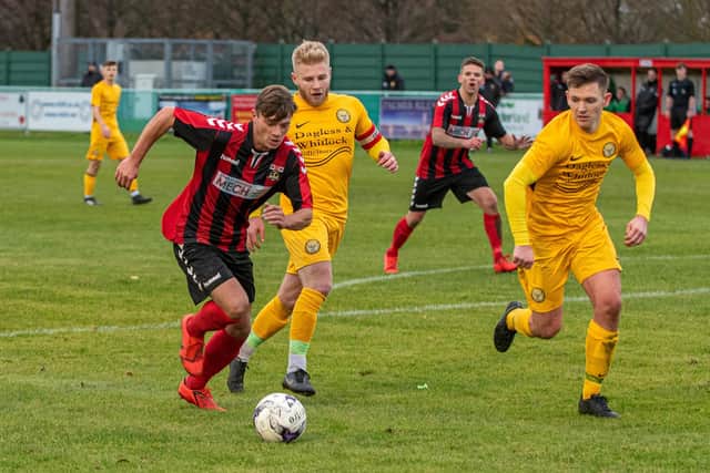 Josh Benfield was among the scorers as Fareham drew 3-3 with Badshot Lea before winning on penalties in the FA Vase. Picture: Vernon Nash