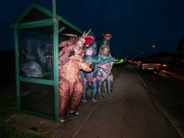 Graeme Lloyd and his friends walked 15,000 steps a day in January in support of Motor Neurones Disease in 8f inflatable dinosaur costumes

Pictured: Graeme Lloyd (tetradactyl), Tommy Russel (triceratops) and Steven Porter (brontosaurus) walking down Portsmouth Road, Lee-on-the_solent on Thursday 18th January 2024

Picture: Habibur Rahman