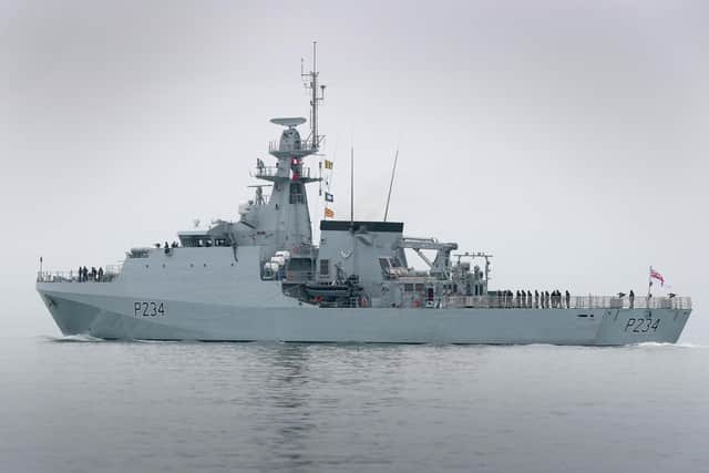 HMS Spey sailing out of Portsmouth harbour for the first time as a fully-fledged member of the Overseas Patrol Squadron
