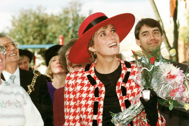 The Princess of Wales looks up at residents at Buckingham Green, Buckland, Portsmouth as their roar welcomes her, as she tours parts of Portsmouth after receiving the Honorary Freedom of the City on 16th October 1992