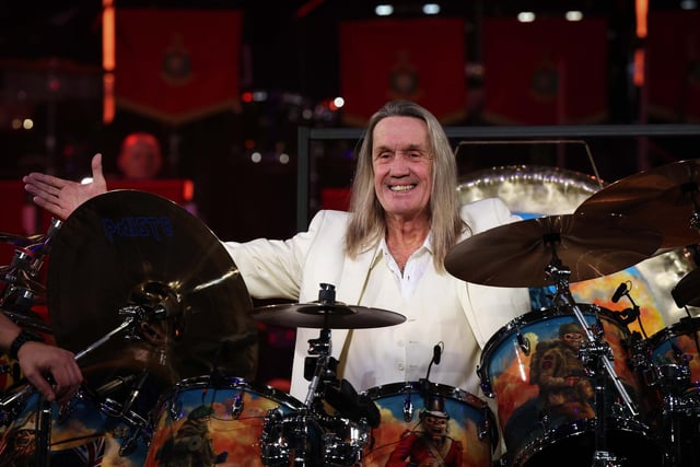 Nicko McBrain of Iron Maiden plays on stage with the Royal Marines Band Service during the Mountbatten Festival of Music at the Royal Albert Hall.