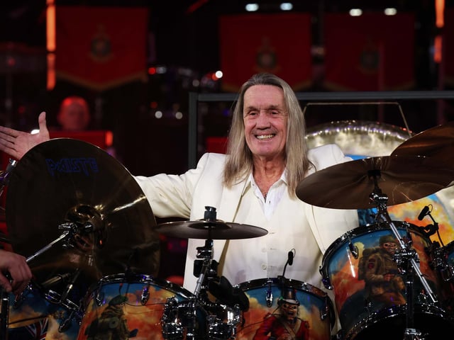 Nicko McBrain of Iron Maiden plays on stage with the Royal Marines Band Service during the Mountbatten Festival of Music at the Royal Albert Hall.