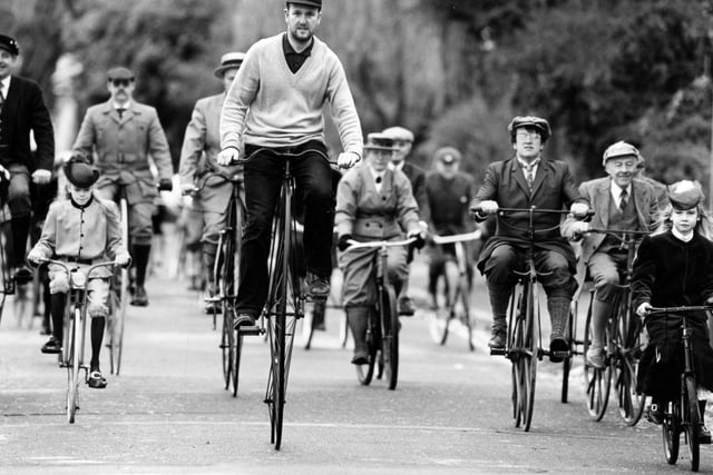 Members of the Solent Veteran Bicylce and Tricycle Club set off on the club's annual Christmas ride along Hilsea Moat in December 1992. The News PP4457