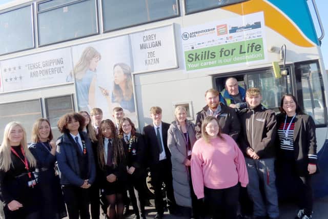 The Apprenticeship bus visits Trafalgar School, Portsmouth on Tuesday 7th February 2023

Pictured: Gemma Lanham of Solent NHS Trust, Charlie Jarman and Ben Eyers from Hover Travel, Lily Holmes from Biscoes Solicitors with year 10 pupils at Trafalgar School, Portsmouth

Picture: Shaping Portsmouth