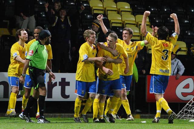 Hawks players celebrate Tony Taggart's 87th minute winner at Meadow Lane in December 2007. Pic: Dave Haines