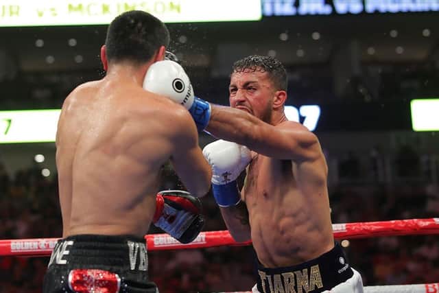 Mikey McKinson takes on Virgil Ortiz Jr in their WBO welterweight contest. Picture by Golden Boy Promotions