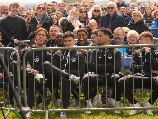 Pictured is: Pompey Players react to a highlights video played on the big screen.Picture: Keith Woodland (280421-363)