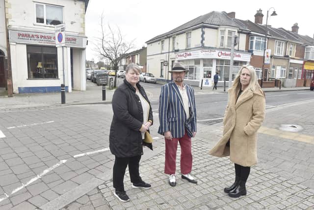 Business owners Paula Stacey, left, of Paula's Past and Present and Natalie Harvey, owner of Orchard Blinds with Orchard Road resident Graham Penry.
Picture: Sarah Standing (240323-1570)