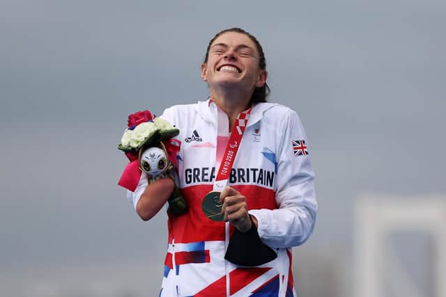 Lauren Steadman after receiving her triathlon gold medal in Tokyo. (Photo by Alex Pantling/Getty Images)
