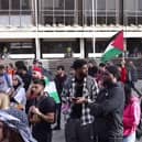 Protesters gather in Guildhall over the Palestine -Israel conflict. Pic: Habibur Rahman