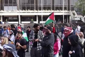 Protesters gather in Guildhall over the Palestine -Israel conflict. Pic: Habibur Rahman