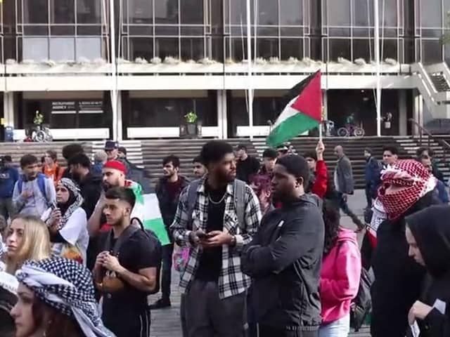 Protesters gather in Guildhall over the Palestine -Israel conflict. Pic: Habibur Rahman