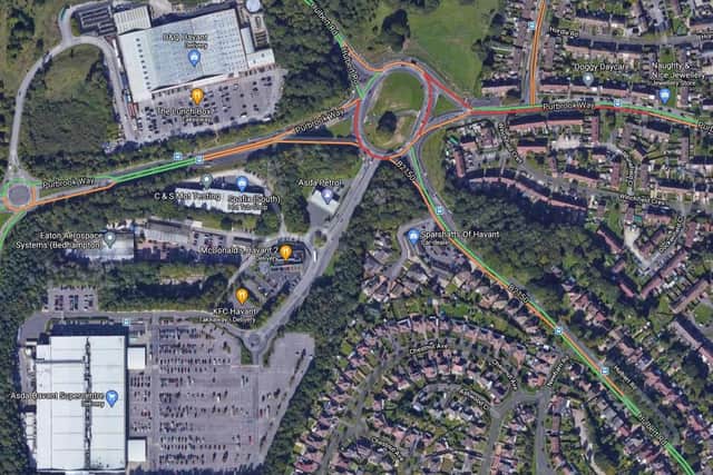 Google's traffic service has highlighted the Purbrook Way roundabout in red - indicating slow traffic. Picture: Google Maps