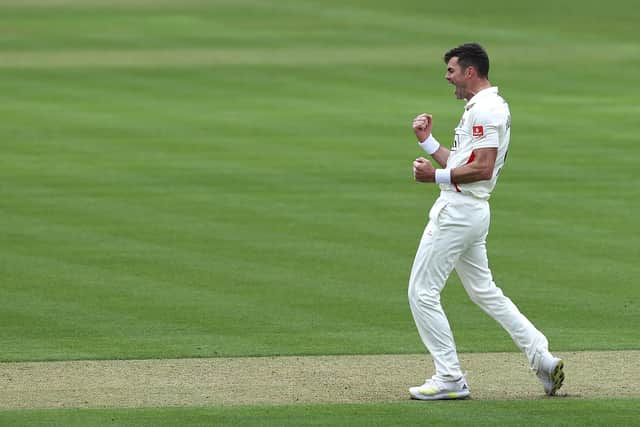 James Anderson of Lancashire celebrates after taking the wicket of James Vince. Photo by Ryan Pierse/Getty Images)