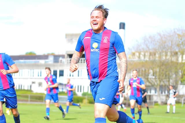 Tyler Moret celebrates his leveller for US Portsmouth in the Wessex League Cup semi-final against Bemerton. Picture: Martyn White