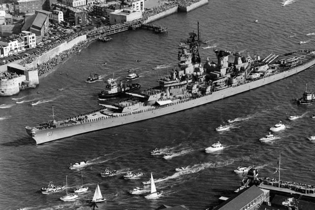 USS IOWA arrives in Portsmouth in 1986. In the summer of 1986 the battleship USS Iowa arrives in Portsmouth to to tumultuous welcome. Picture: Doug Barlow collection.
