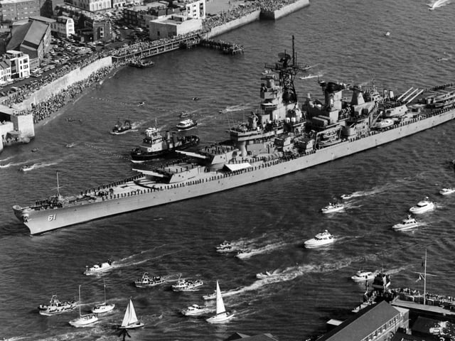 USS IOWA arrives in Portsmouth in 1986. In the summer of 1986 the battleship USS Iowa arrives in Portsmouth to to tumultuous welcome. Picture: Doug Barlow collection.