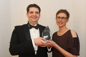 Stewart Woolston of the Chilli Mash Company in Hilsea, winner of Small Business of the Year in 2019, with Professor Martina Battisti from category sponsor the University of Portsmouth Business School