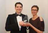 Stewart Woolston of the Chilli Mash Company in Hilsea, winner of Small Business of the Year in 2019, with Professor Martina Battisti from category sponsor the University of Portsmouth Business School
